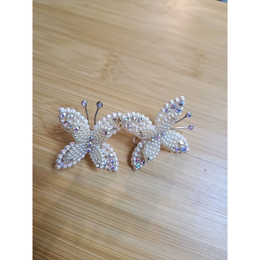 Vintage Faux Pearl and Rhinsetone Butterfly Earrings Clip On
